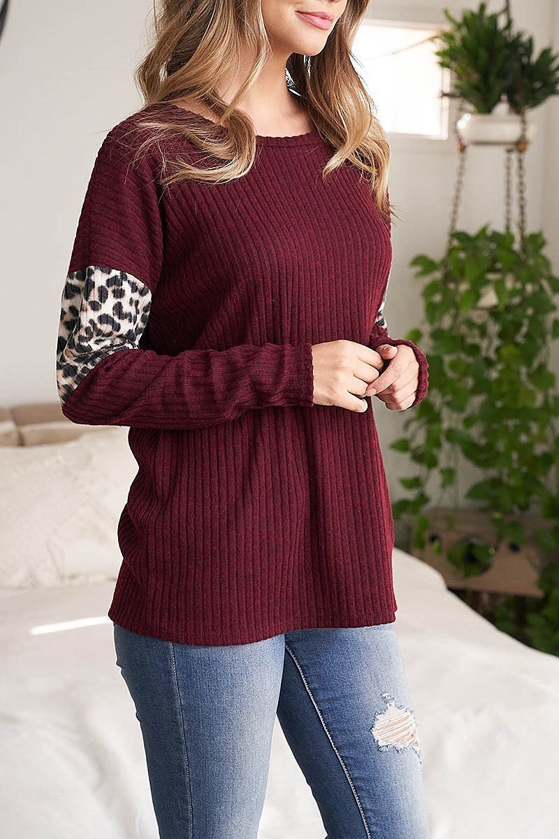 Leopard sleeve detail round neck top (EF2223-REST)