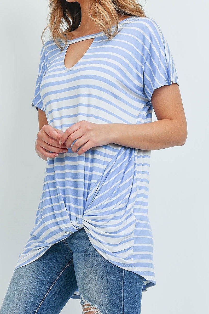 Short sleeve keyhole stripe tunic blouse top (ED8859-2)