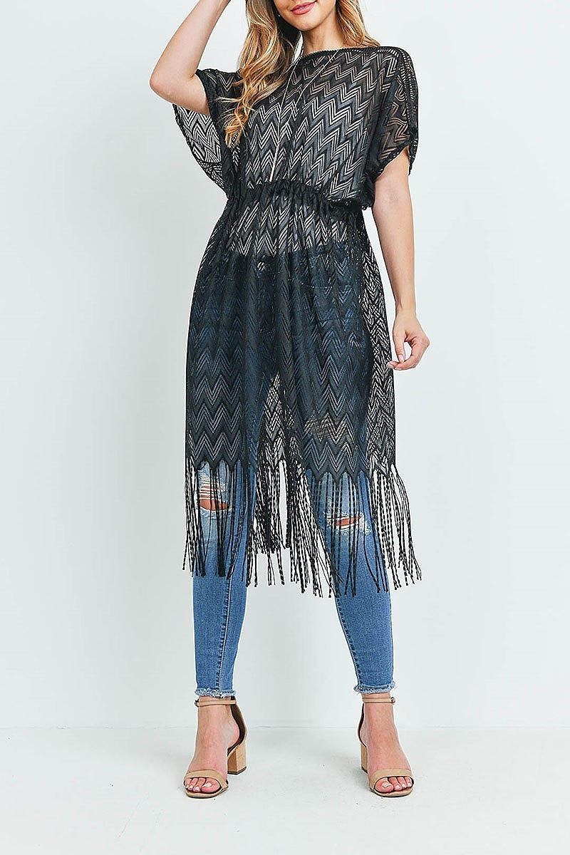 Zigzag wave crochet fringe open front kimono (EF1144)