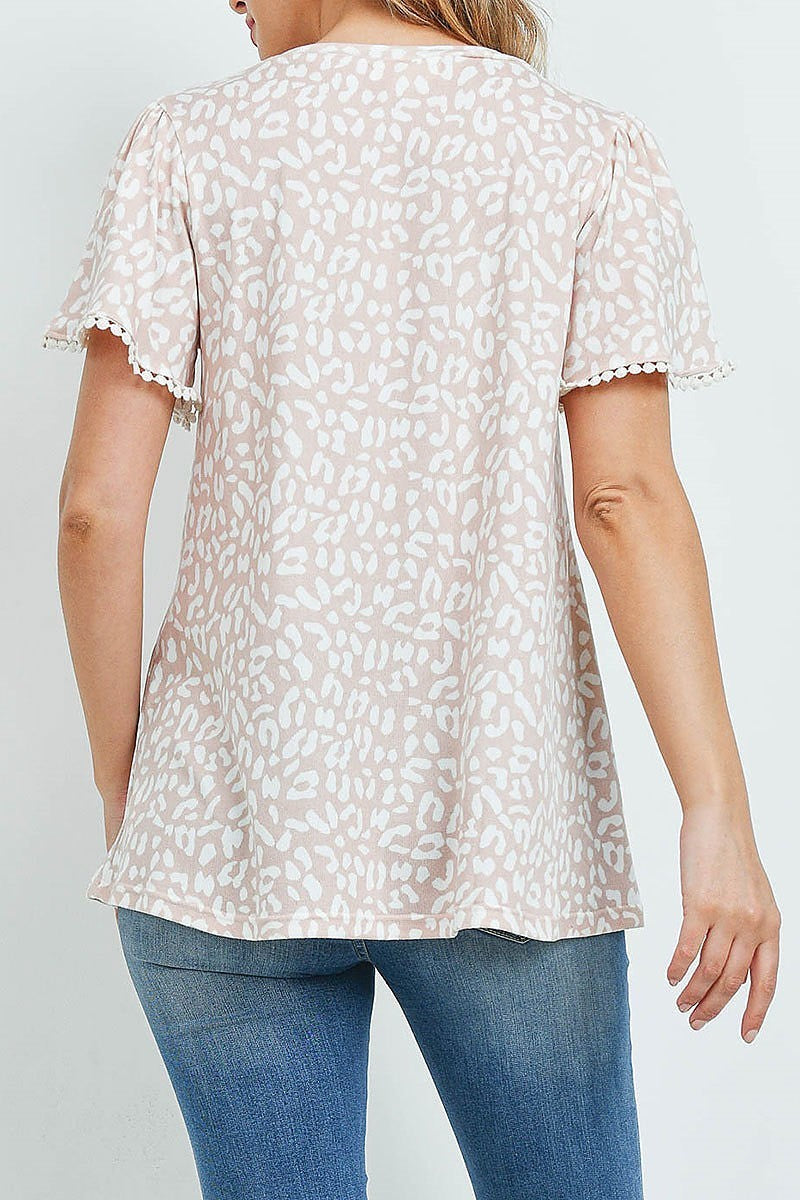 Pompom detail sleeve round neck leopard top (ED9662)