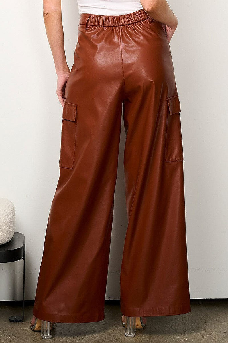 Button closure pu pleather wide leg pants (EFWT6944)