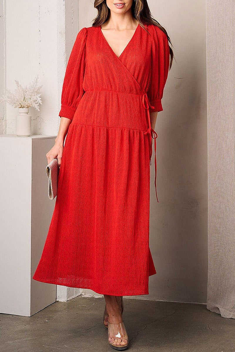 Short sleeve wrap side tie midi dress (EFWT3520)