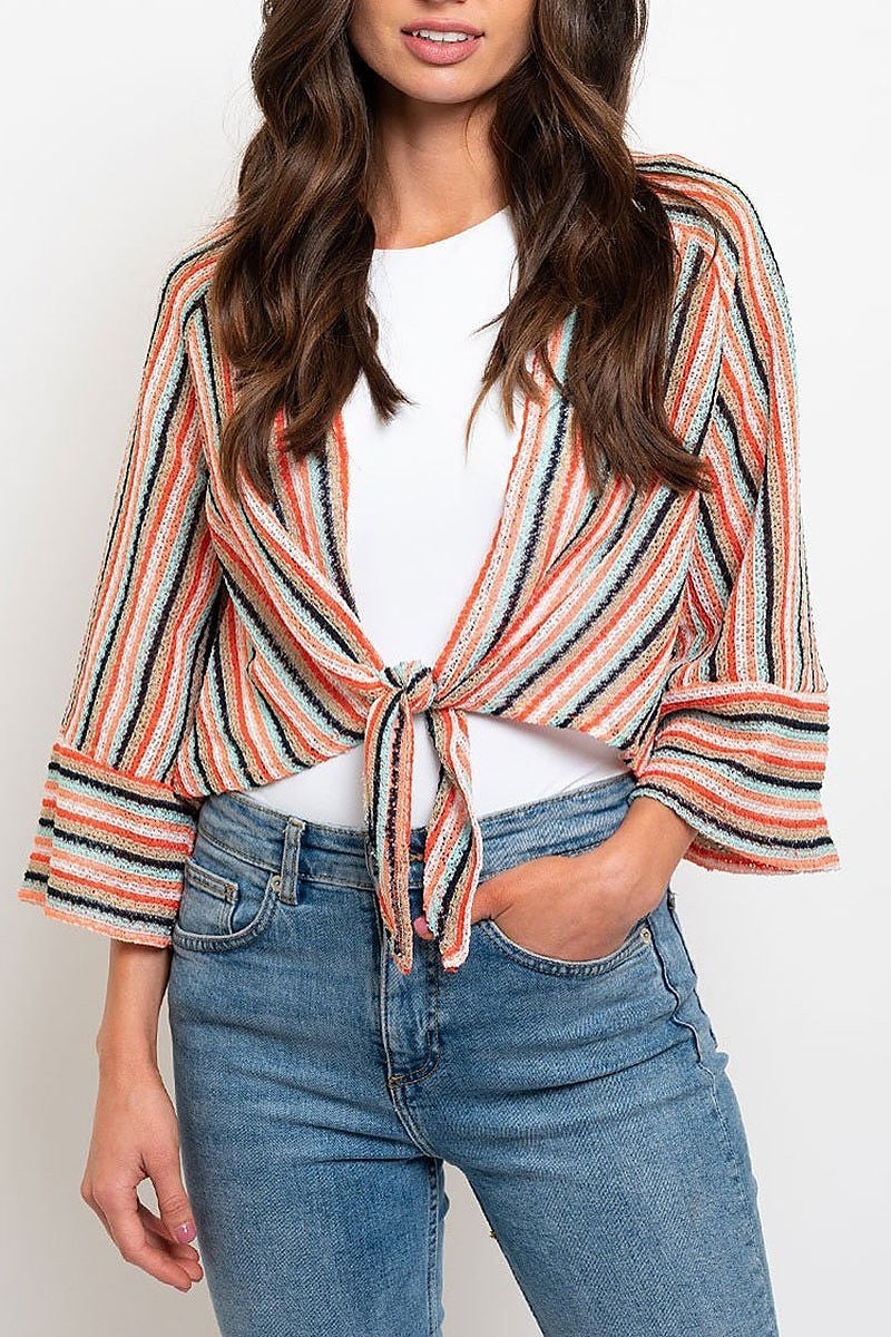 Multi stripe quarter sleeve waist tie top (EDWT2259)