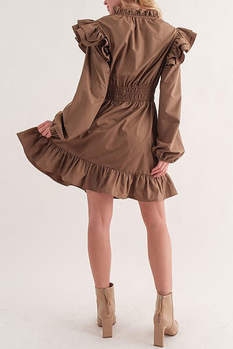 Long puff sleeve v-neck ruffle mini dress (EFWT5735)