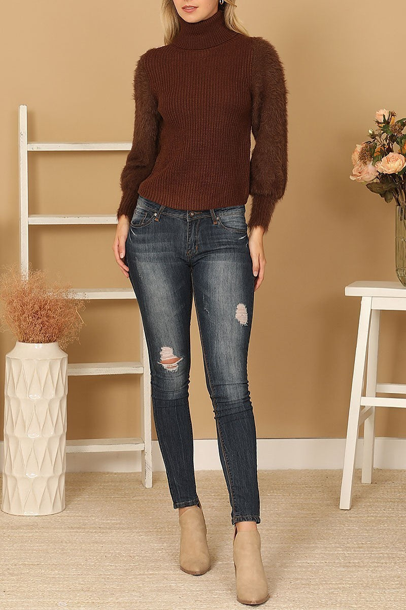 Fur sleeves ribbed turtleneck sweater (DGS6718)