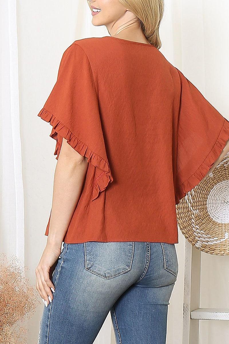 Ruffle sleeve button down top (EF6058)