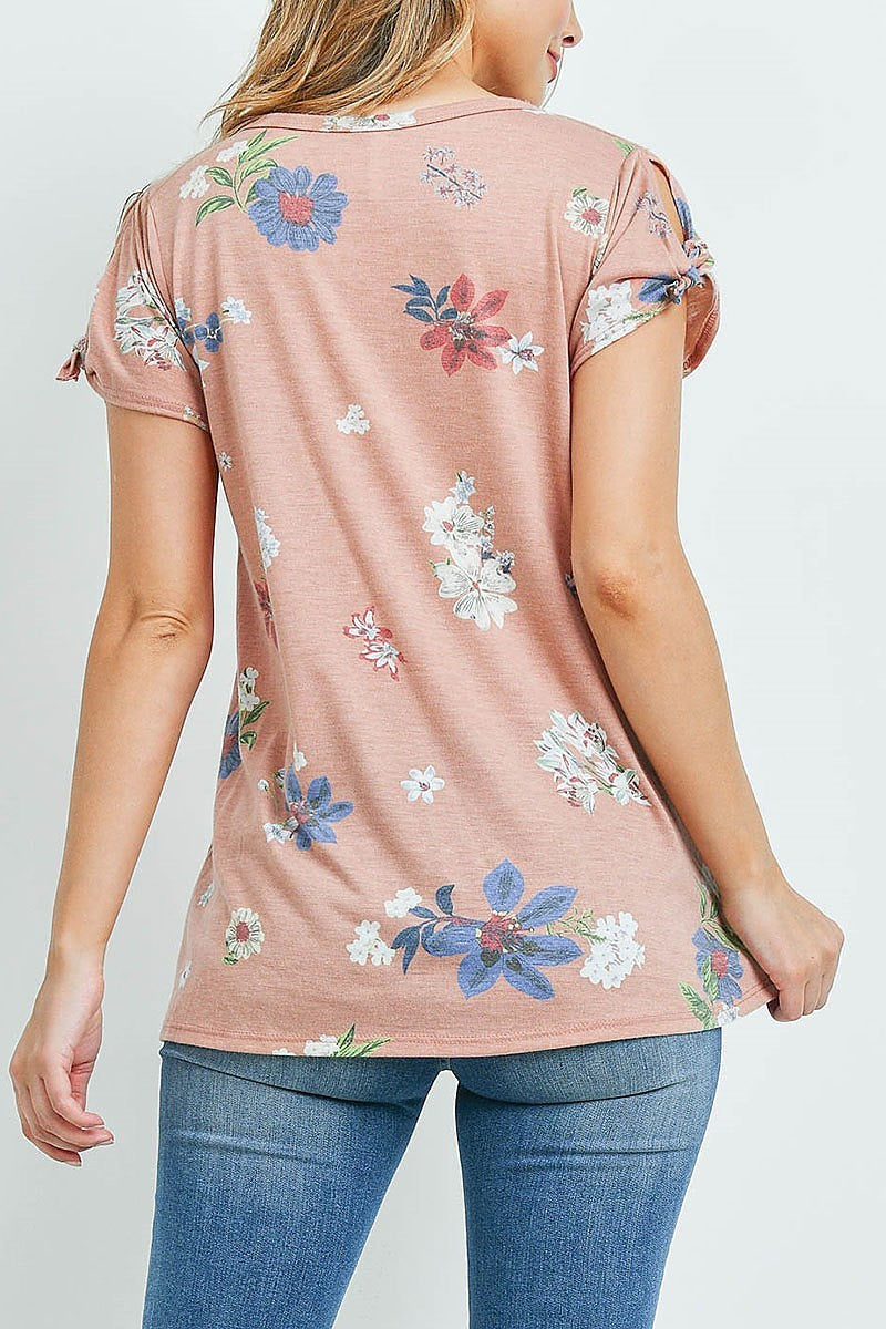 V neck floral print tie sleeve top (ED9346-1)