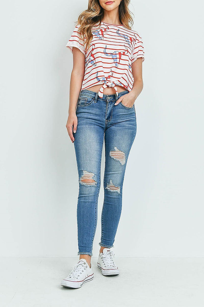 Bull head print stripe waist tie top (ED9475)