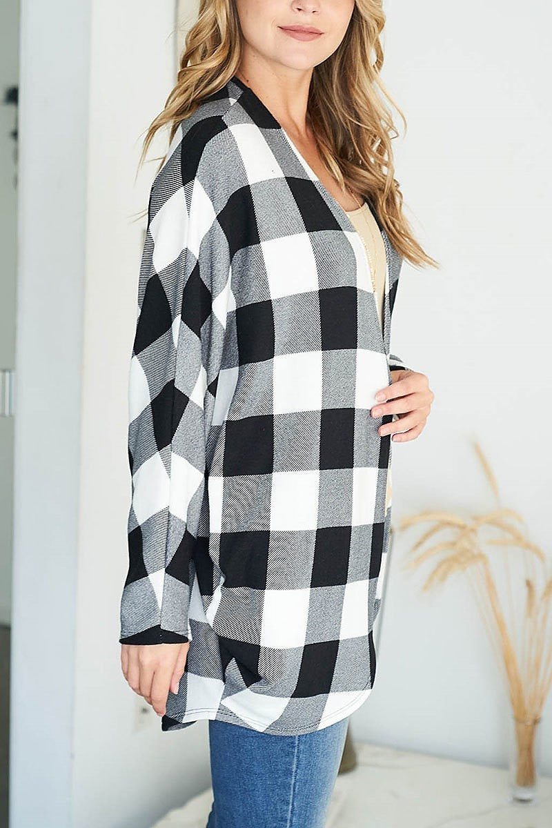 Long sleeve plaid open front cardigan (EF2375)