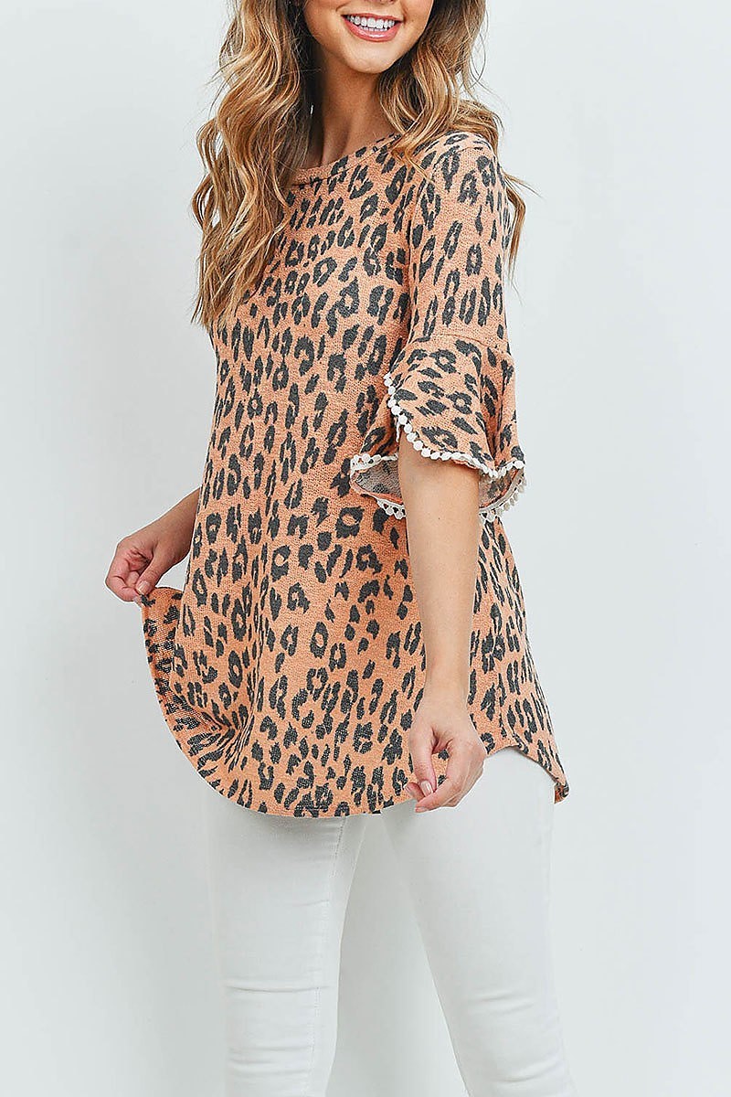 Lace detail bell sleeves leopard top (ED8809)