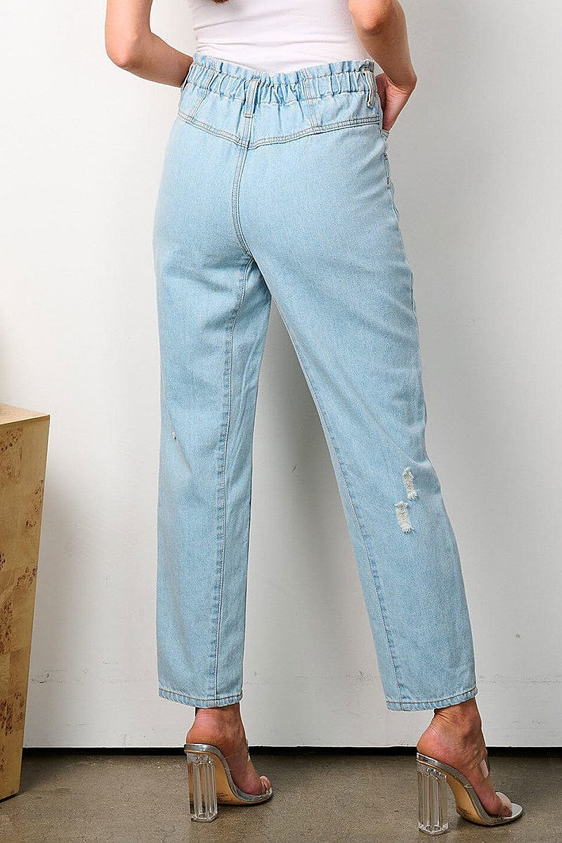 Button closure pockets distressed denim pants (EFWT7994)