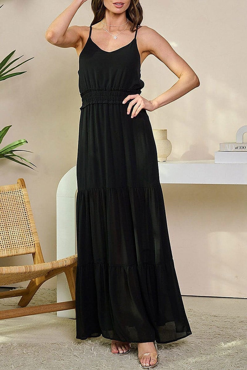 Sleeveless v-neck smock waist tiered maxi dress (EFWT6444)