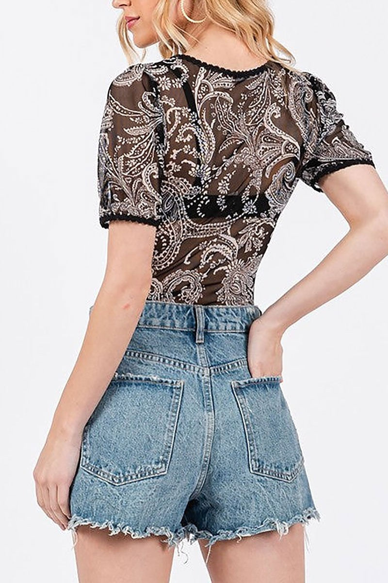 Bohemian mesh print short sleeves bodysuit (EDSW4493)