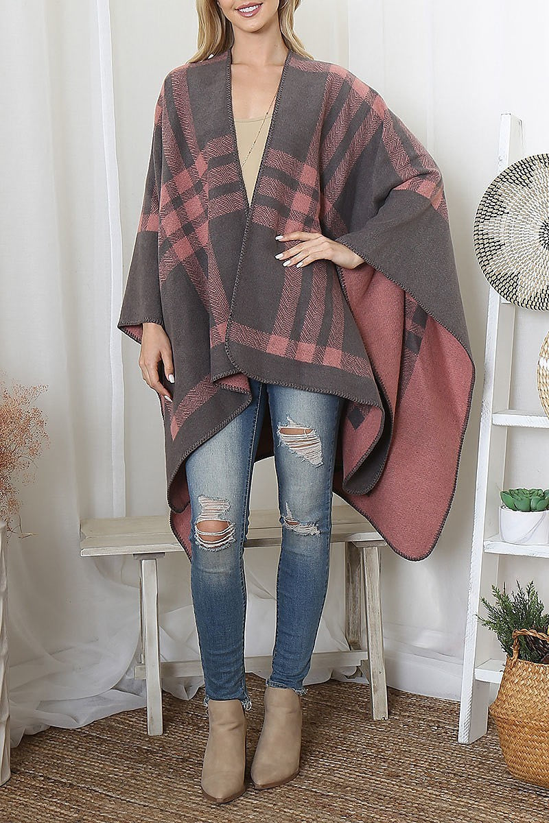 Plaid knit warmer open front kimono (DGS6094)