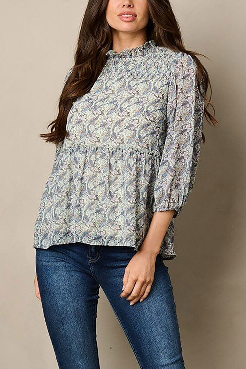 Quarter sleeves mock neck floral tunic top (EFWT1998)