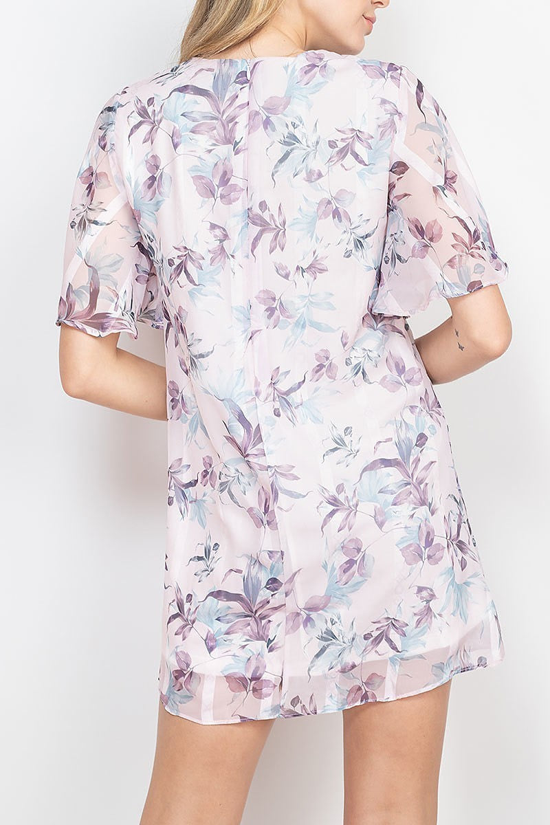 Leaf print flutter sleeve v neck sheer dress (DED6748)