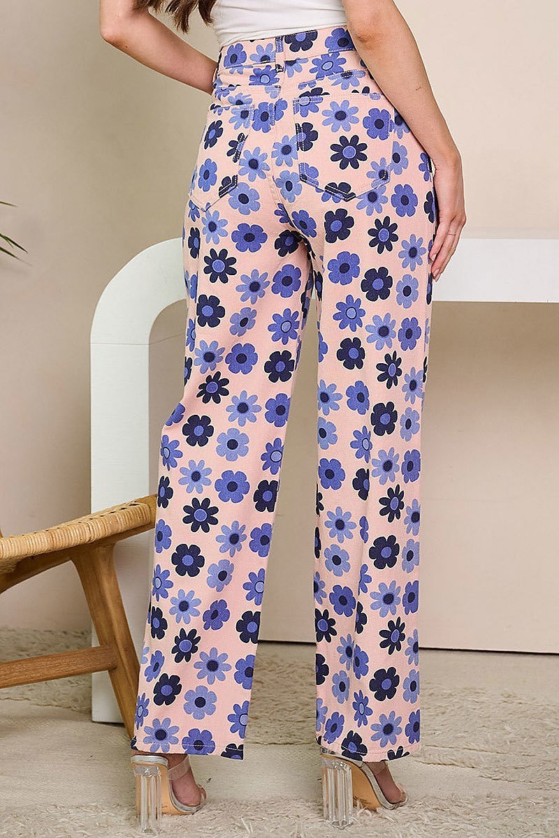 Button closure wide leg floral denim pants (EFWT6131)