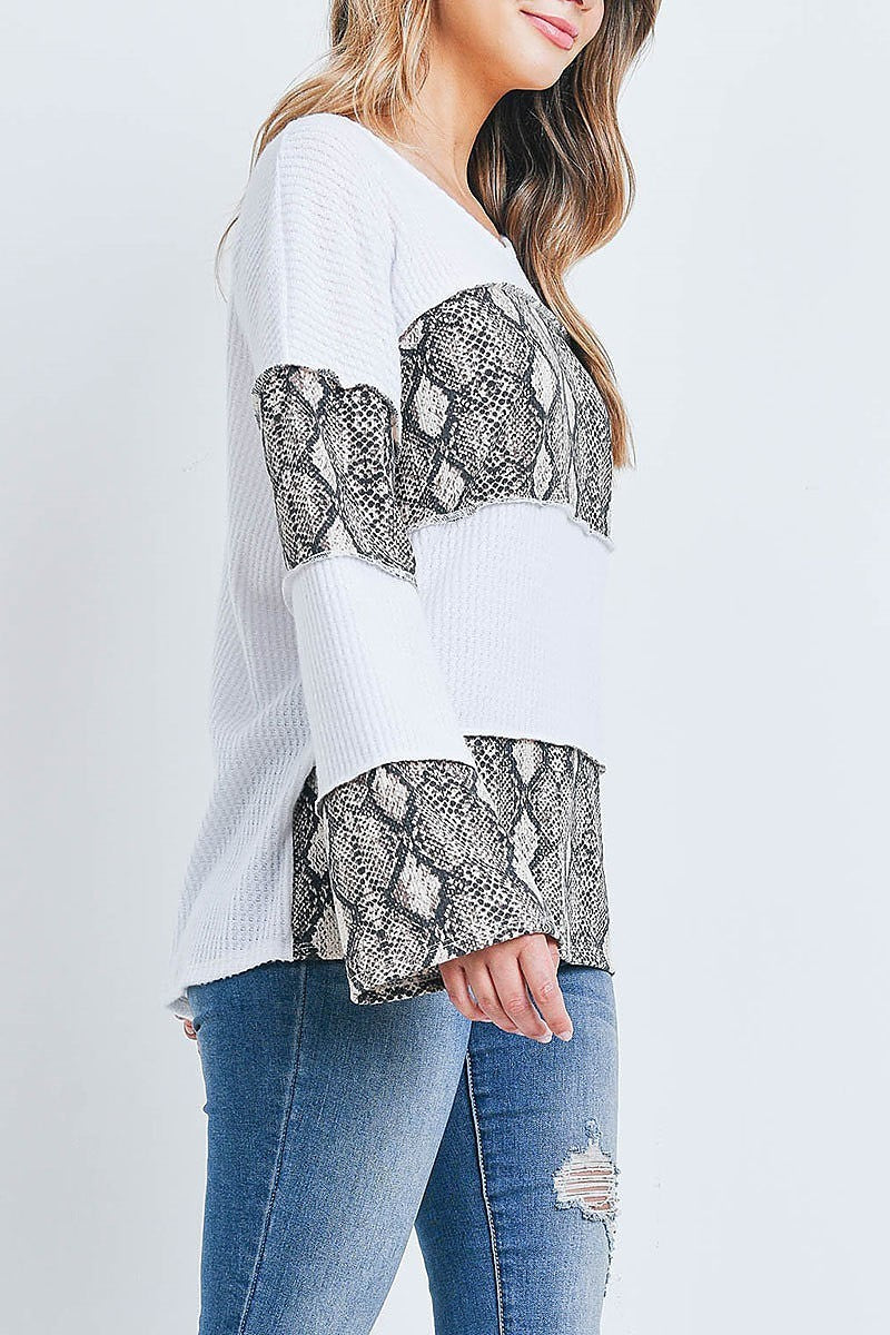 Snake print contrast overlock stitch waffle top (EF2412)