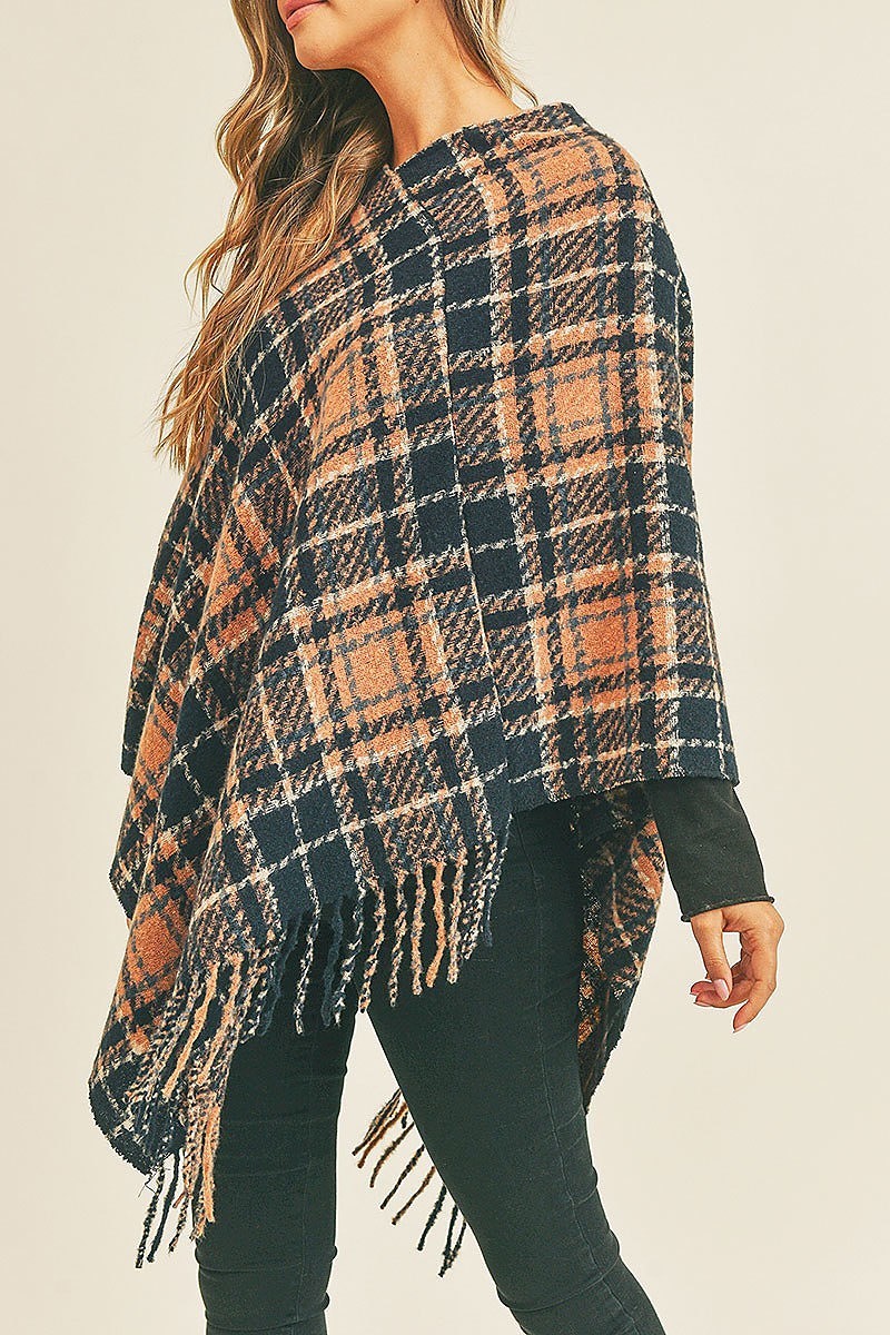 Multi plaid poncho with fringe (DGS5736)