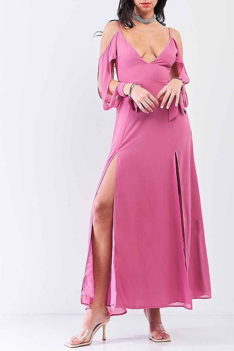 Off shoulder open tie sleeve maxi dress (TDG7990)