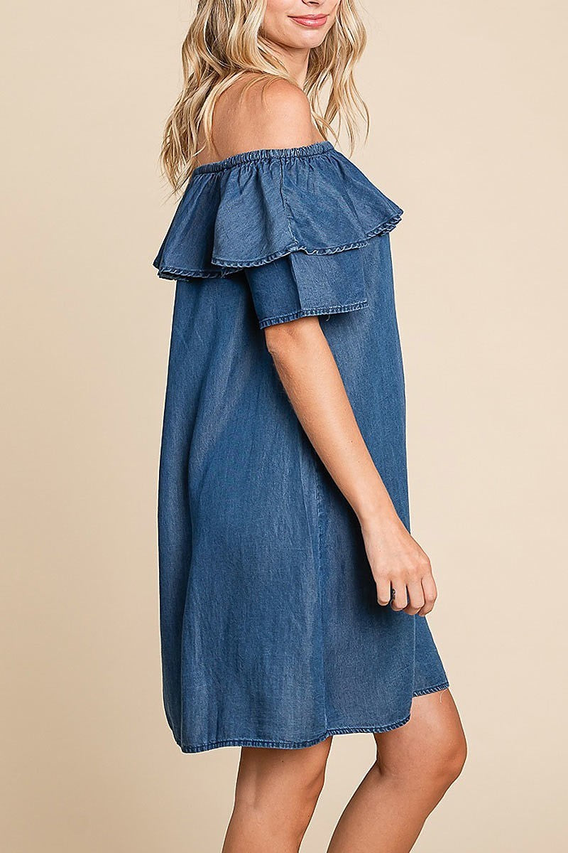 Chambray off-shoulder frilled neckline mini dress (EDH1629)