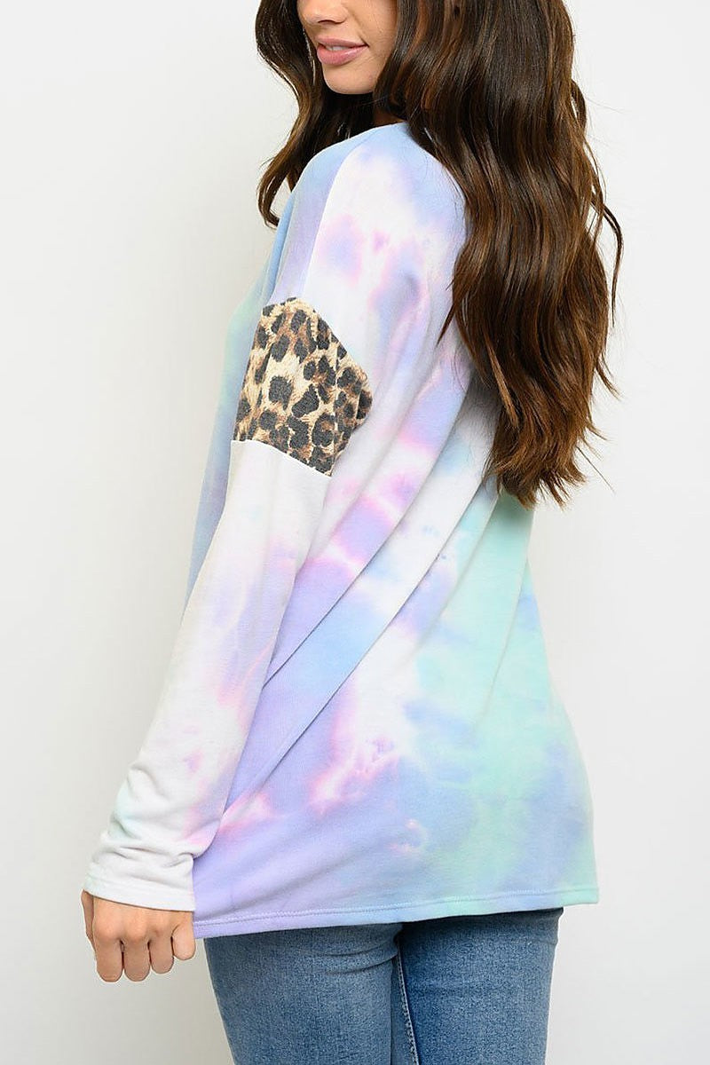 Long sleeve tie dye animal print color block top (EDWT3053)