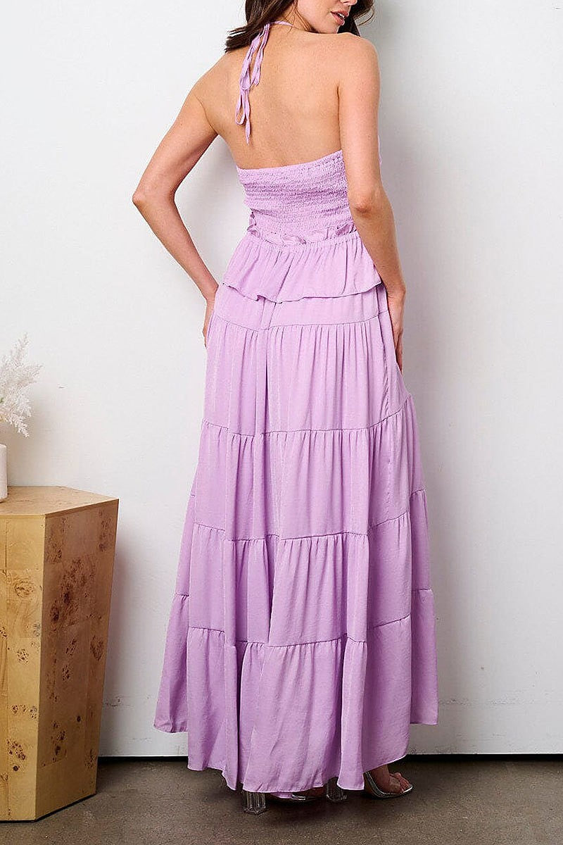 Halter neck ruffle tiered maxi dress (EFWT9073)