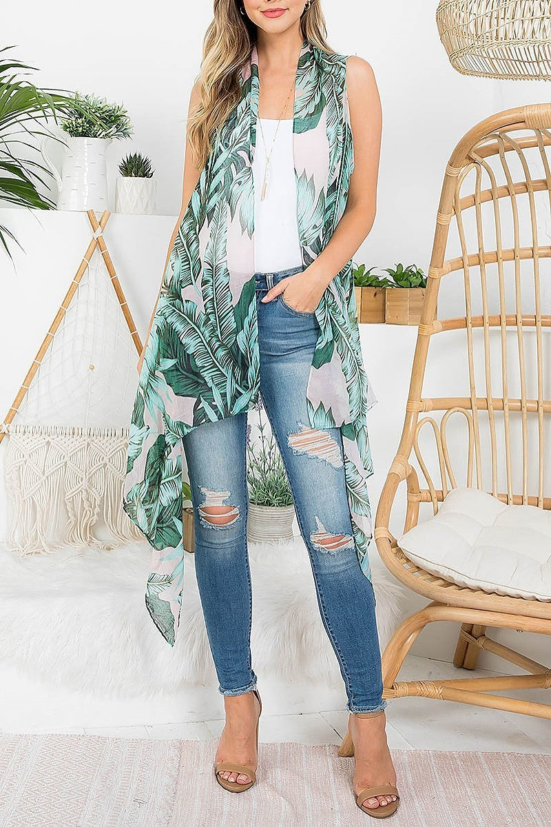 Tropical leaf print bohemiian open front kimono vest (EF3244)