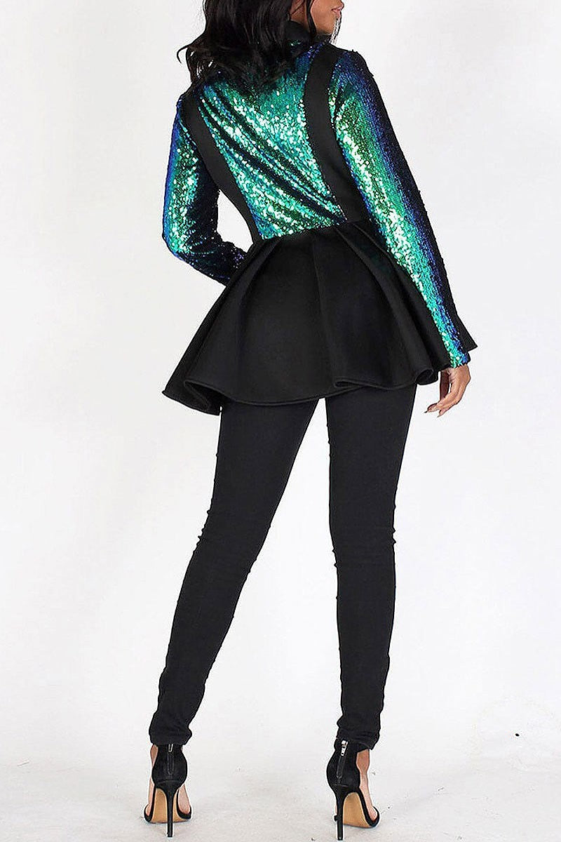 Button closure peplum colorblock sequins jacket (EFWT4311)