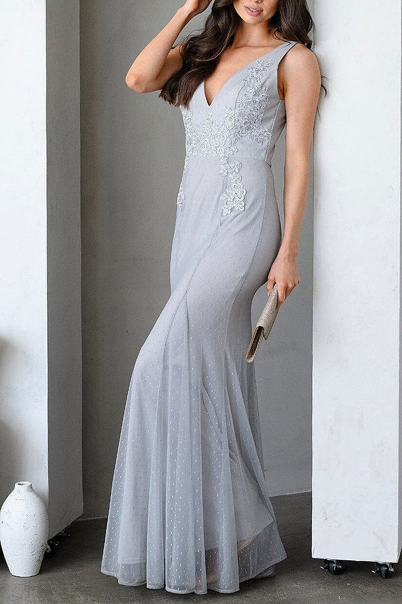 Sleeveless v neck embroidery lace maxi dress (EDWT9318)