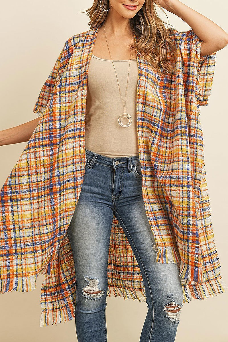 Plaid fringe detail poncho kimono (DGS4964)