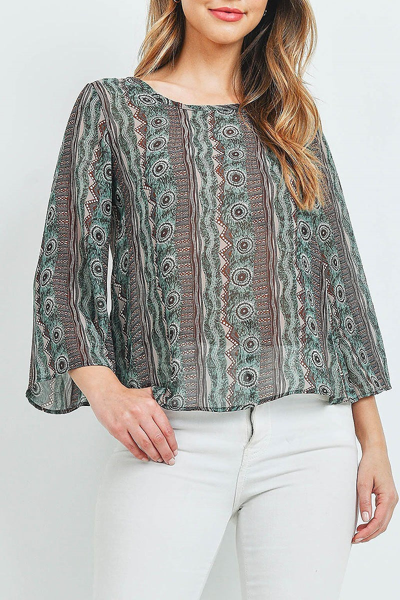 Tribal print open back sheer top (ED9803)