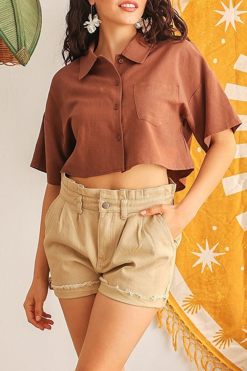 Pocket detail button front crop top (TED1849)