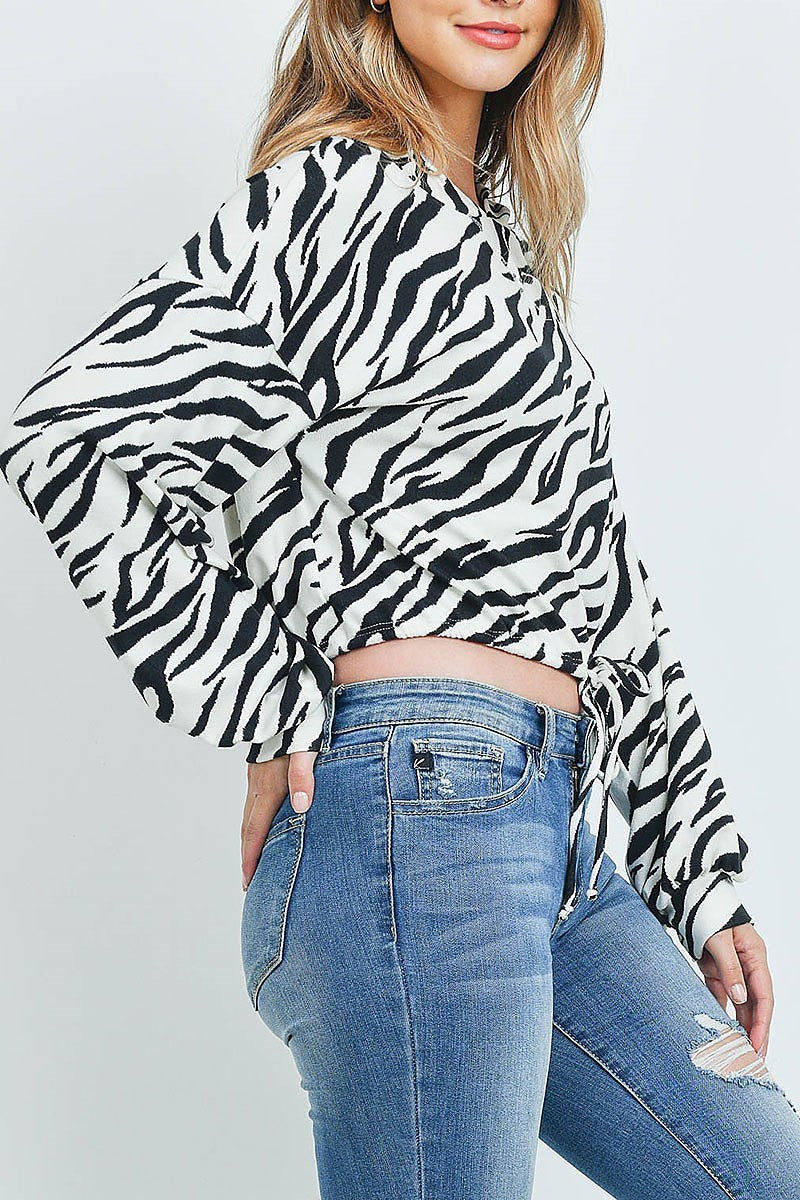 Zebra print loose fit hoodie crop top (ED8709)