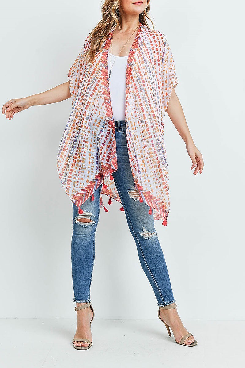 Multi color dash pattern tassel kimono top (ED9448)