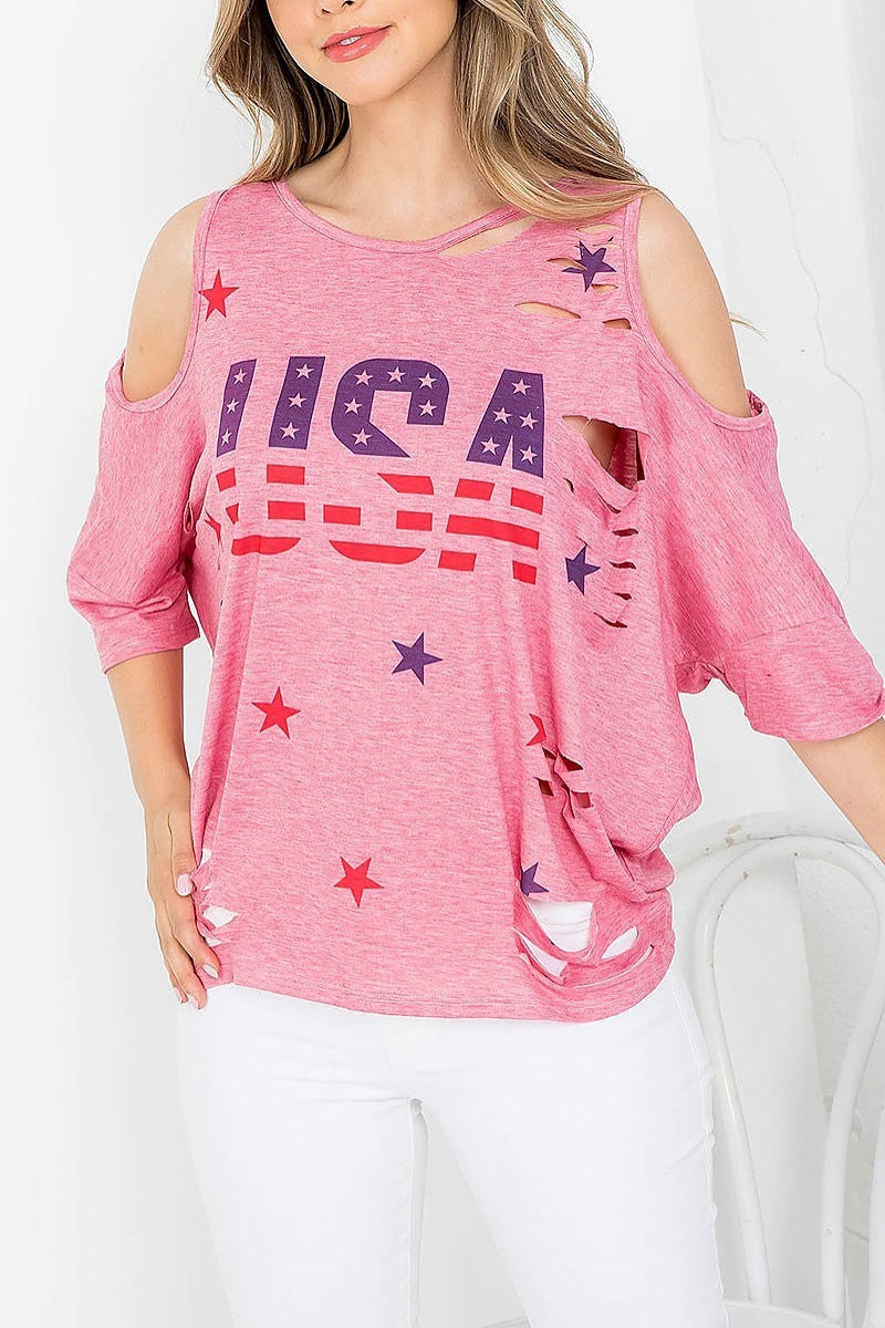 Usa star print distressed batwing top (EF3697)