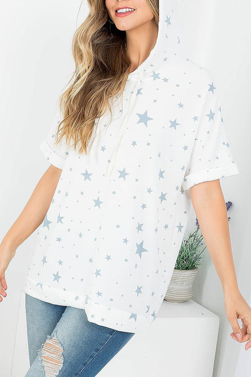 Star print with draw string hood top (EF3795-1)