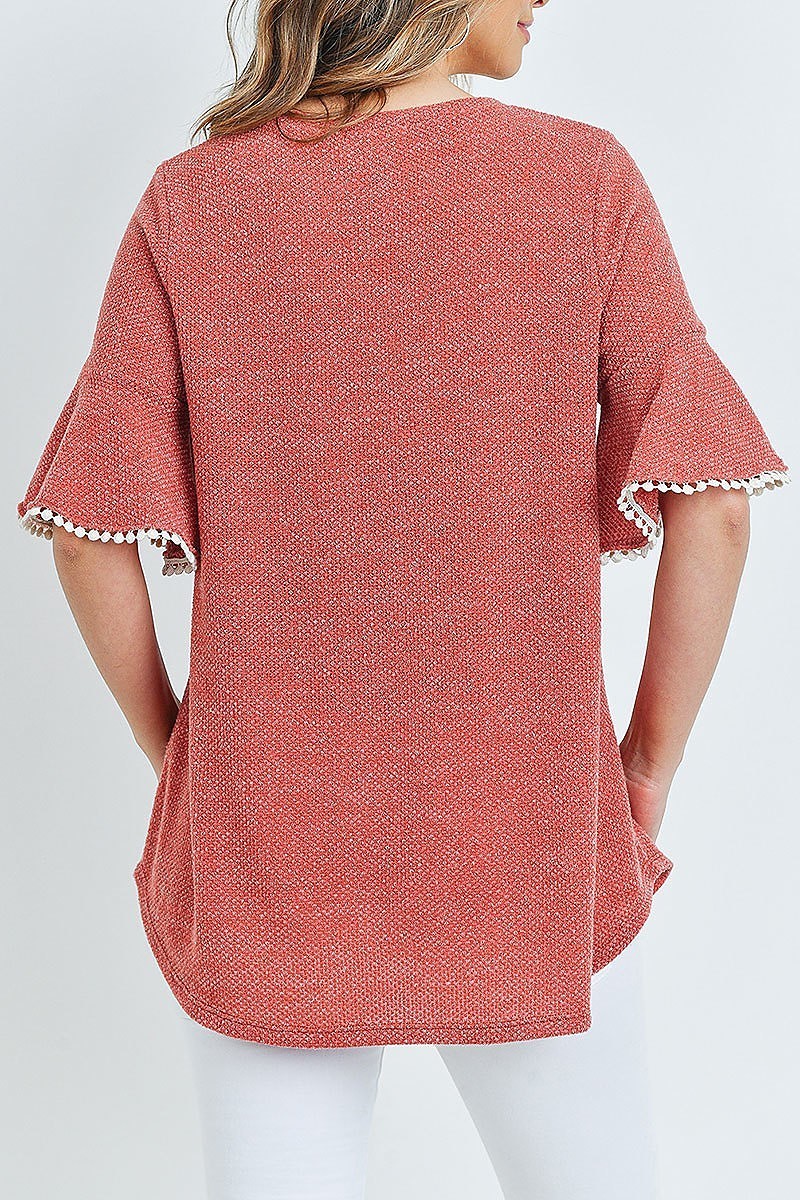 Lace detail bell sleeves round hem drake top (ED8614-1)