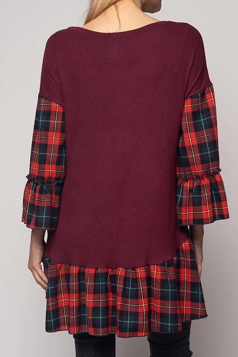 3/4 plaid print contrast ruffle sleeves and hem hacci knit plus size tunic top (DGC3286-1)