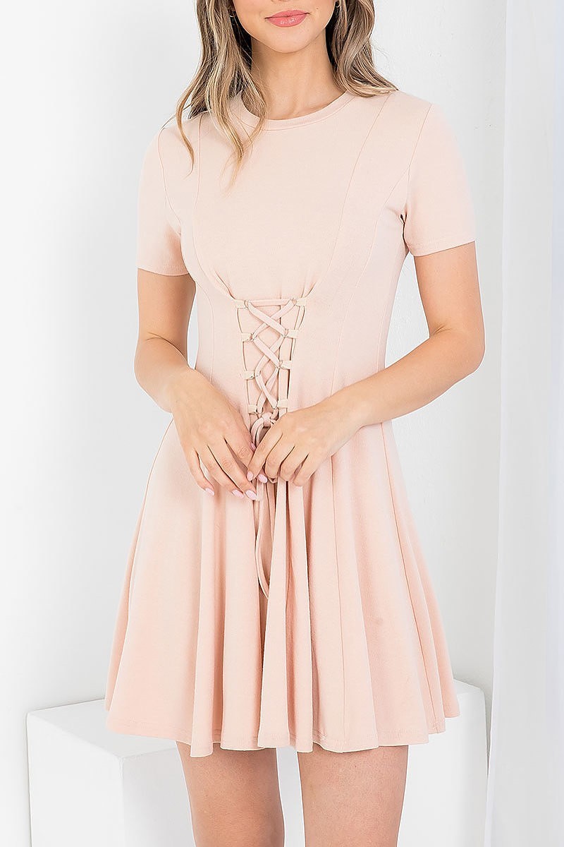 Lace up front waist round neck flare dress (DED7397)