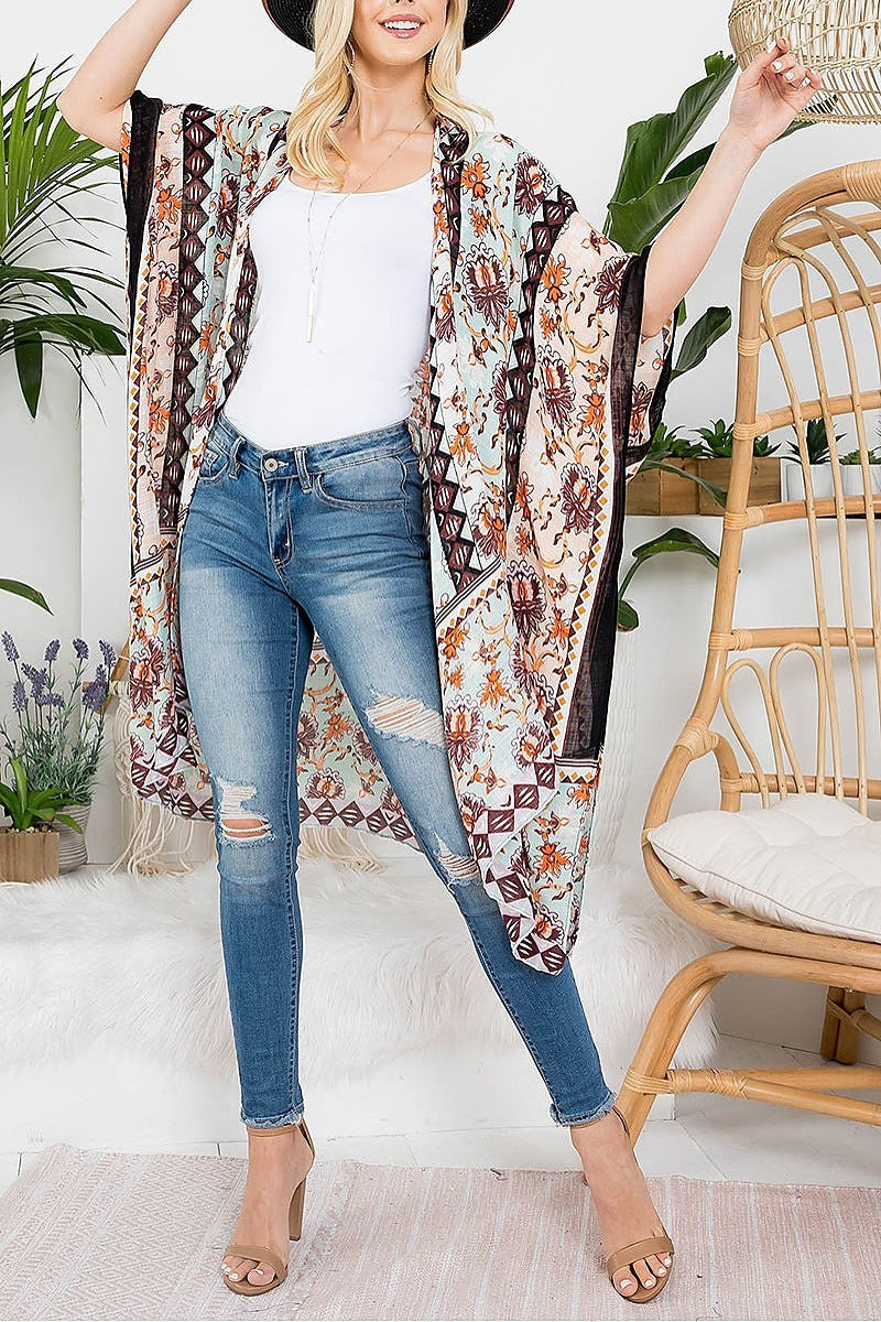 Floral print knee length boho kimono (EF3444)