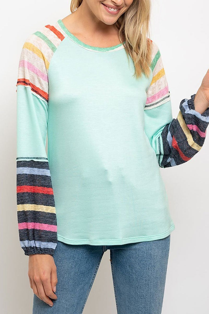 Multi color stripes bubble sleeves top (EDWT1704)