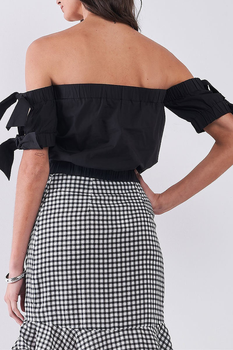 Off shoulder self tie puff sleeve crop top (TDG8388)