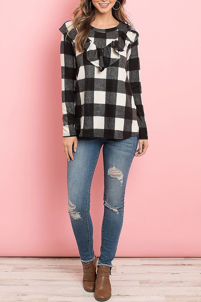 Brushed plaid ruffle detail long sleeve top (ED8307)