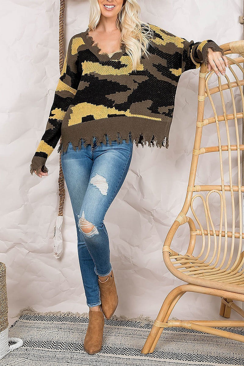 Distressed detail camo patterned sweater (DGS5438)