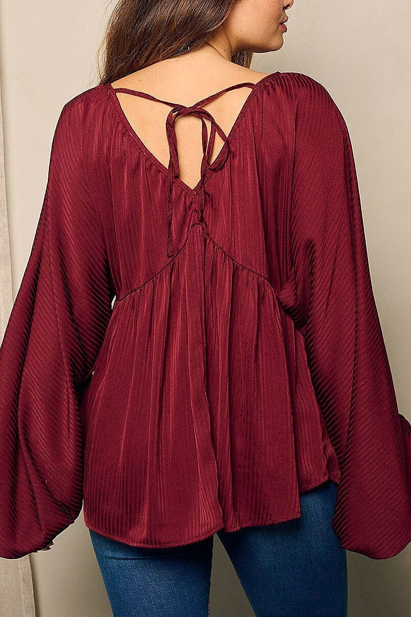 Long ballon sleeve v-neck tunic blouse top (EFWT4811)