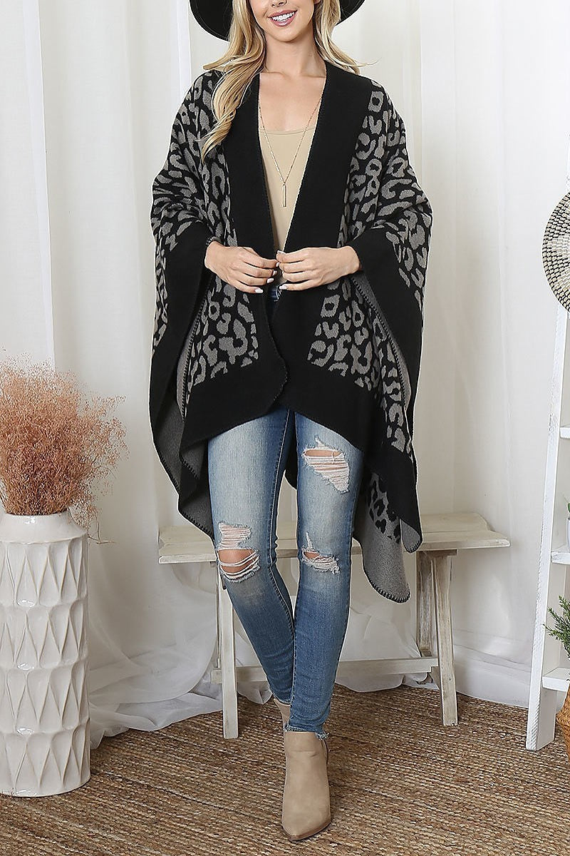 Border line leopard print warmer open front kimono (DGS6196)