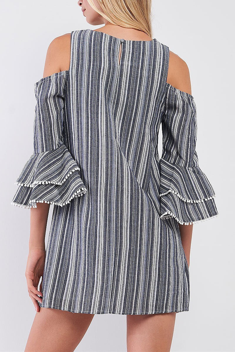 Cutout shoulder ruffle sleeve stripe mini dress (TDG8781)