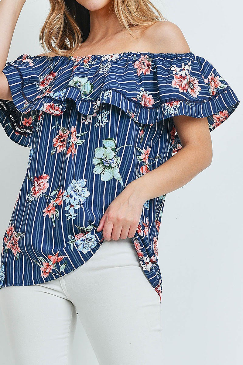 Off shoulder ruffle detail floral stripe top (ED8987-O3)