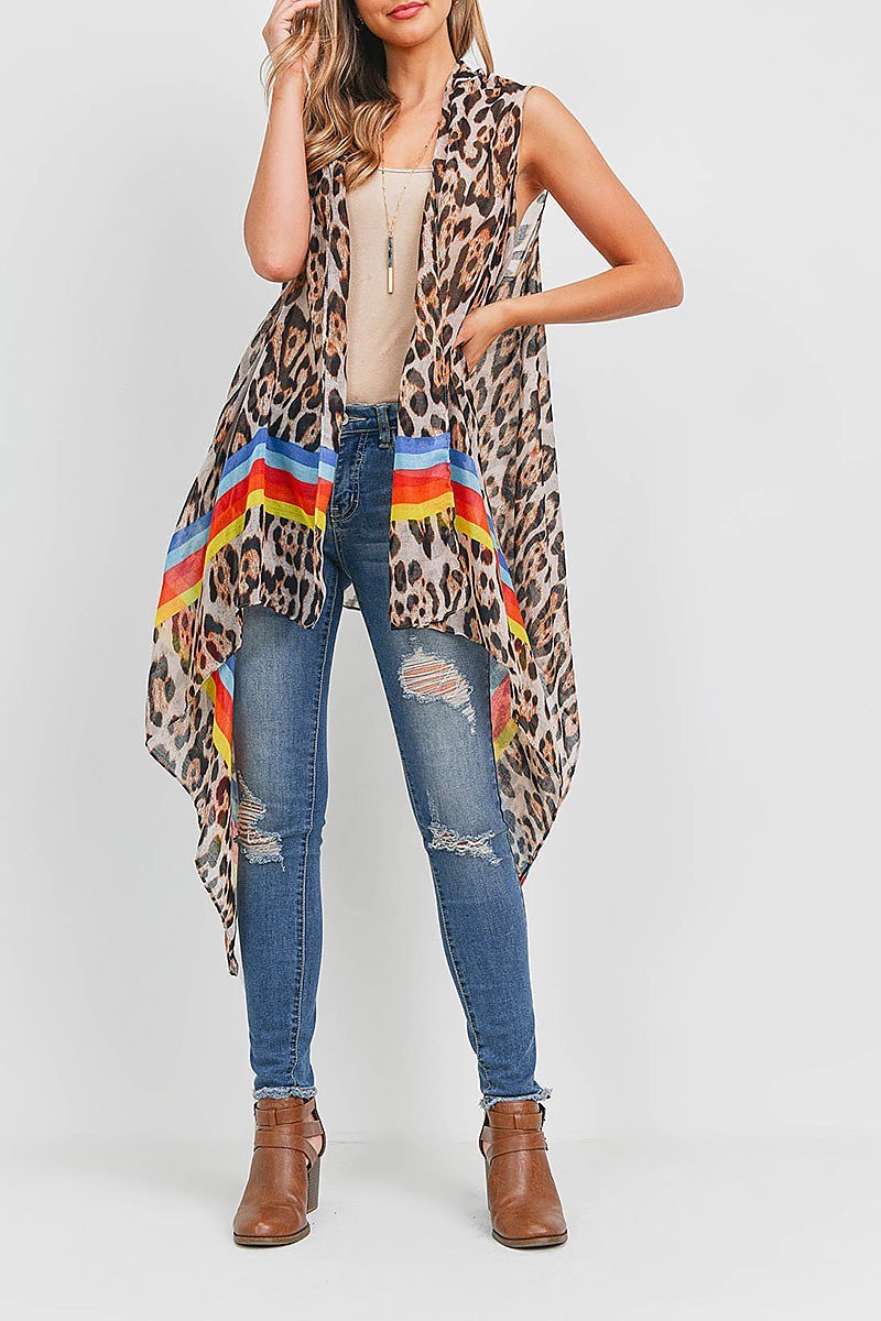 Rainbow stripe animal print asymmetrical hem vest kimono (EF1733)